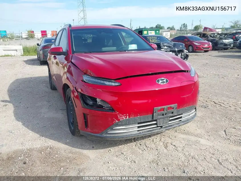 2022 Hyundai Kona Sel VIN: KM8K33AGXNU156717 Lot: 12638372