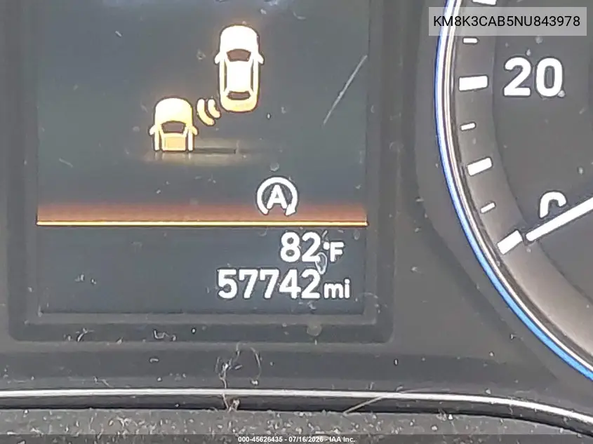 2022 Hyundai Kona Sel VIN: KM8K3CAB5NU843978 Lot: 45626435