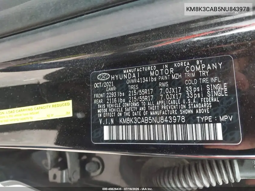 2022 Hyundai Kona Sel VIN: KM8K3CAB5NU843978 Lot: 45626435