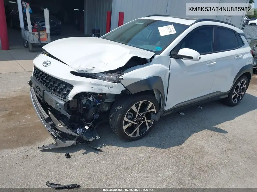 2022 Hyundai Kona Limited VIN: KM8K53A34NU885982 Lot: 45631365