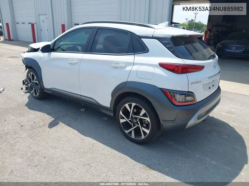 2022 Hyundai Kona Limited VIN: KM8K53A34NU885982 Lot: 45631365
