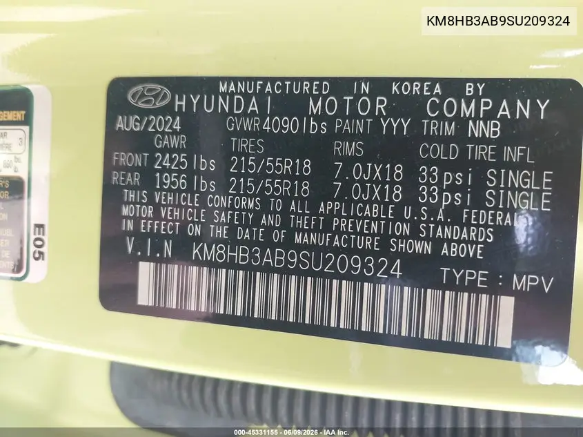 2025 Hyundai Kona Sel VIN: KM8HB3AB9SU209324 Lot: 45331155
