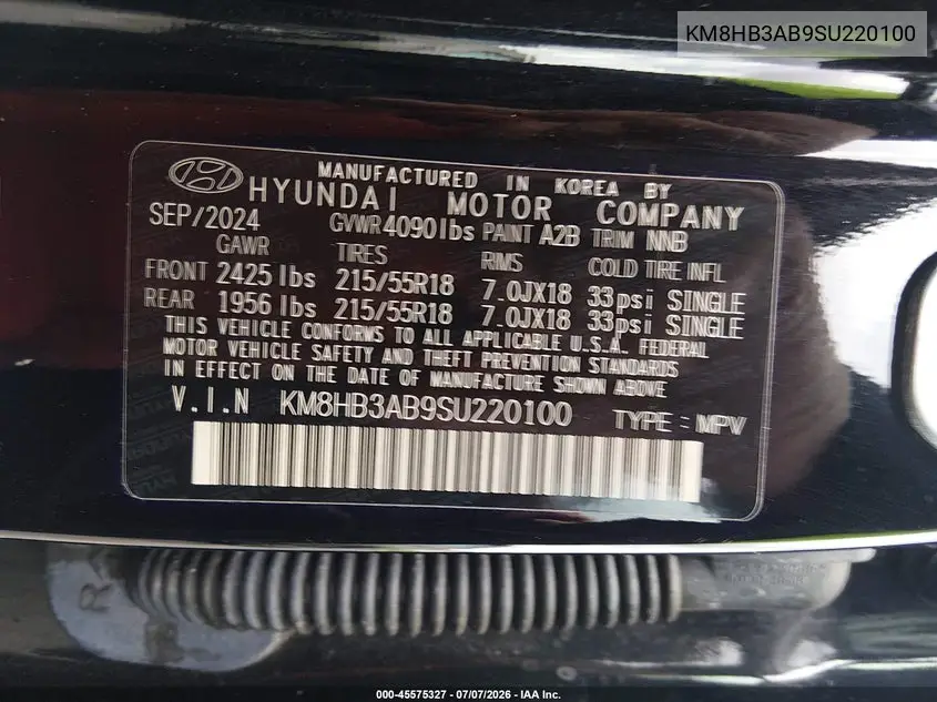 2025 Hyundai Kona Sel VIN: KM8HB3AB9SU220100 Lot: 45575327