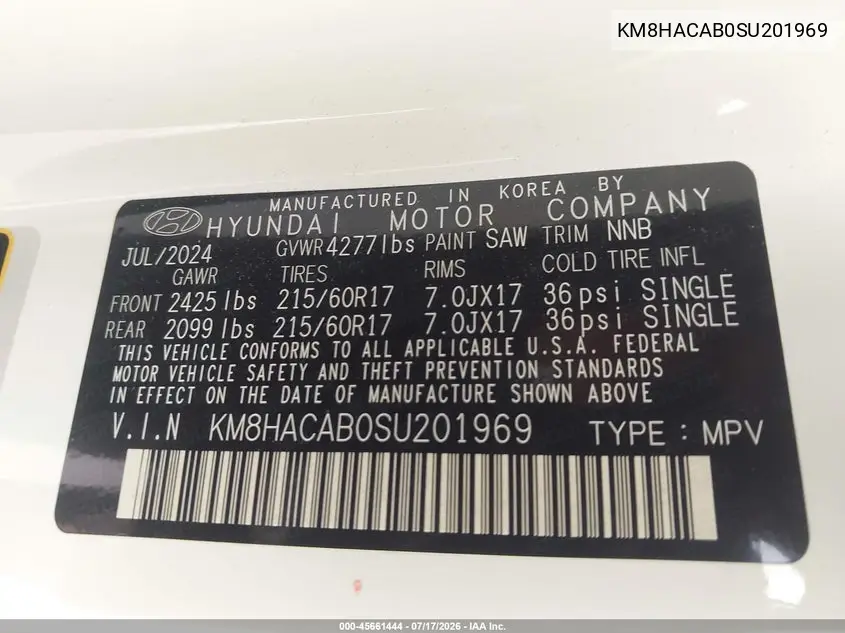 2025 Hyundai Kona Se VIN: KM8HACAB0SU201969 Lot: 45661444