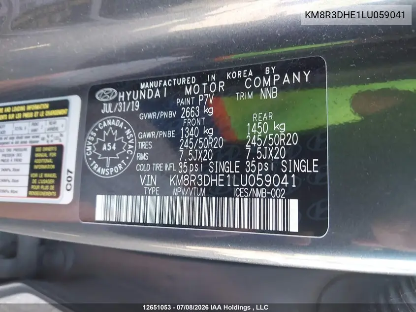 2020 Hyundai Palisade Luxury 8-Passenger Seating VIN: KM8R3DHE1LU059041 Lot: 12651053