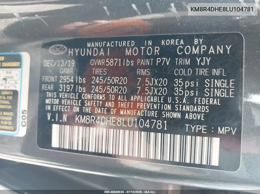 2020 Hyundai Palisade Sel VIN: KM8R4DHE8LU104781 Lot: 45559035