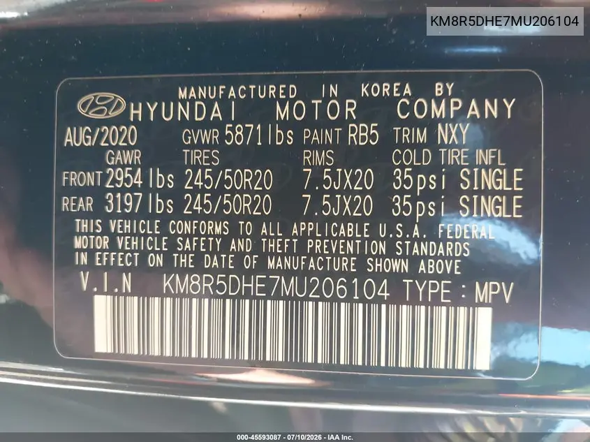2021 Hyundai Palisade Limited VIN: KM8R5DHE7MU206104 Lot: 45593087