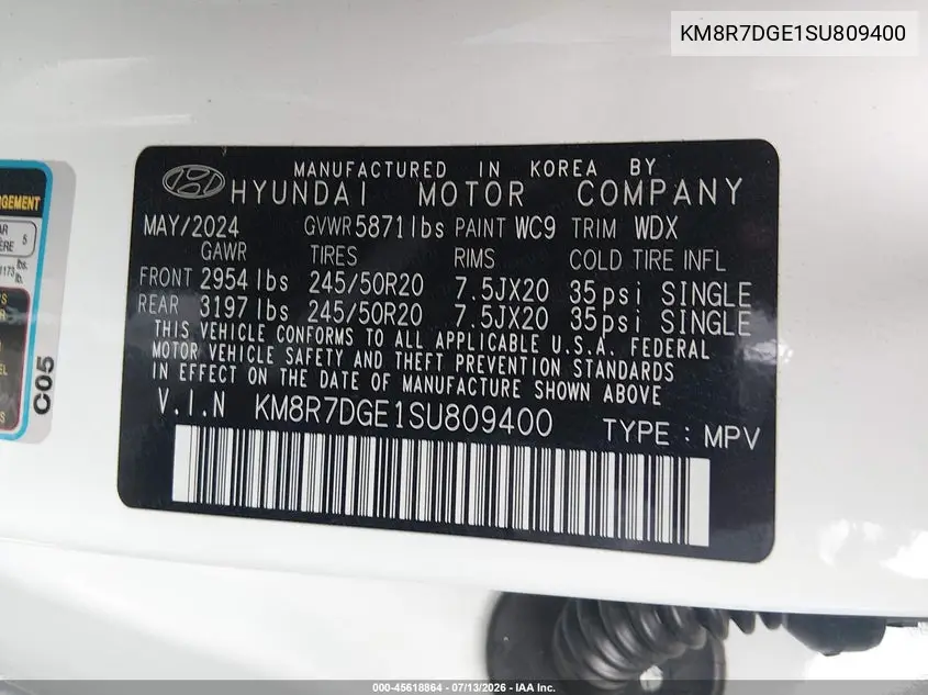 2025 Hyundai Palisade Calligraphy VIN: KM8R7DGE1SU809400 Lot: 45618864