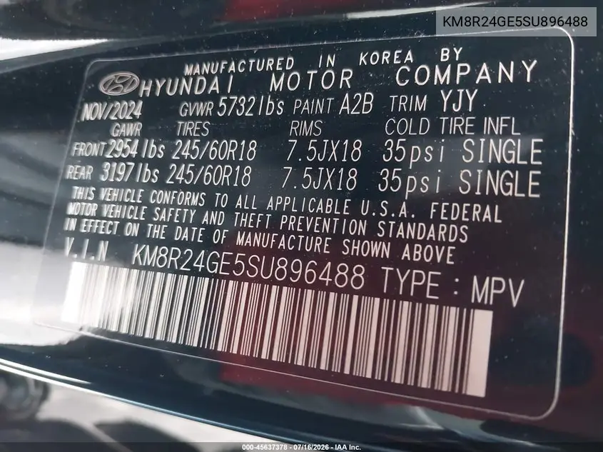 2025 Hyundai Palisade Sel VIN: KM8R24GE5SU896488 Lot: 45637378