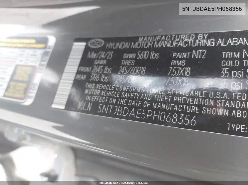 2023 Hyundai Santa Cruz Sel VIN: 5NTJBDAE5PH068356 Lot: 45068637