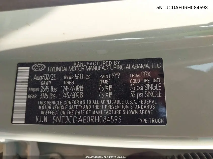 2024 Hyundai Santa Cruz Sel VIN: 5NTJCDAE0RH084593 Lot: 45342875