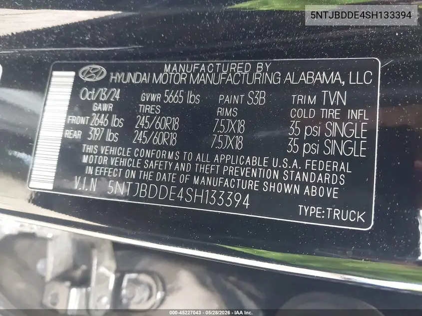 2025 Hyundai Santa Cruz Sel VIN: 5NTJBDDE4SH133394 Lot: 45227043