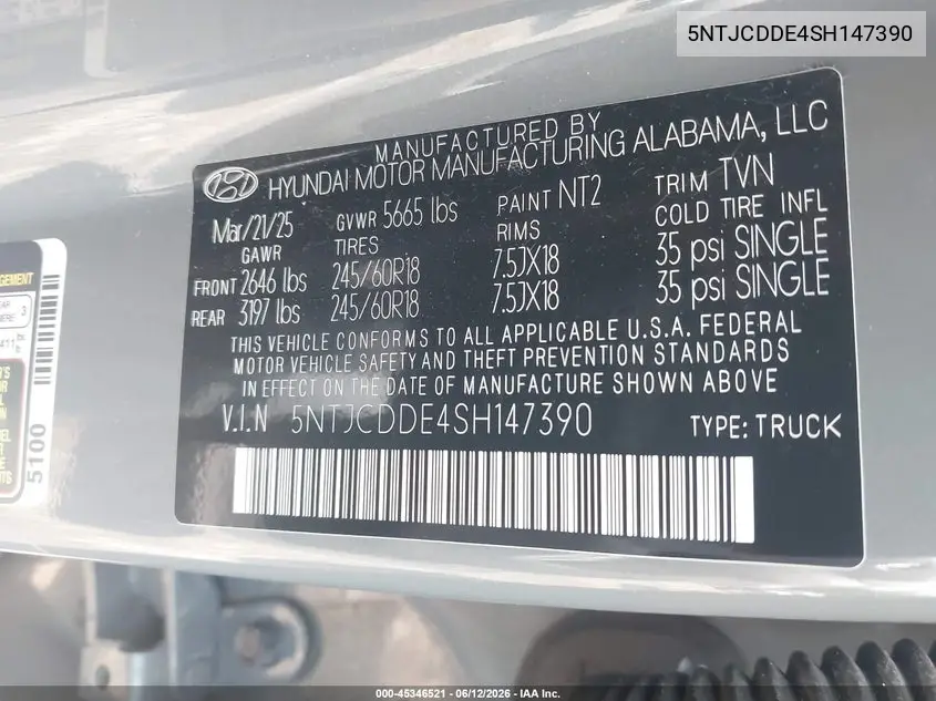 2025 Hyundai Santa Cruz Sel Activity VIN: 5NTJCDDE4SH147390 Lot: 45346521