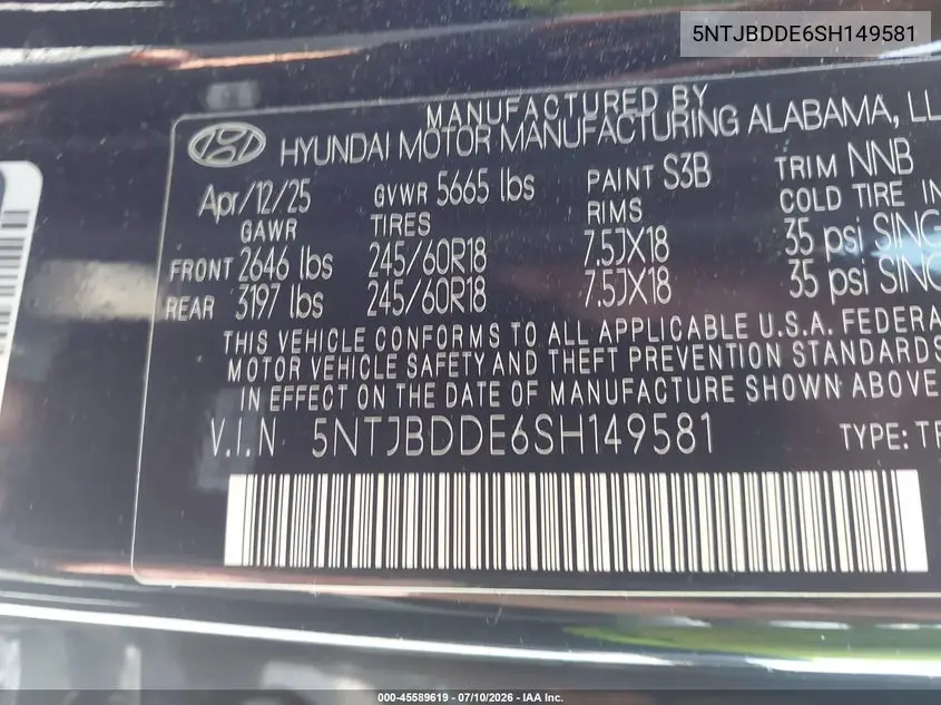 2025 Hyundai Santa Cruz Sel VIN: 5NTJBDDE6SH149581 Lot: 45589619