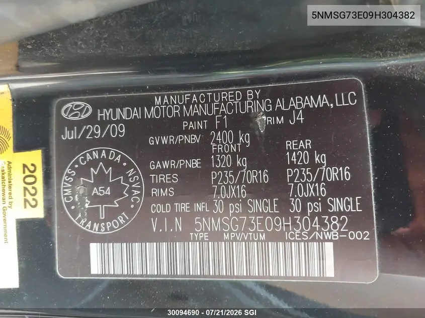 2009 Hyundai Santa Fe Gl VIN: 5NMSG73E09H304382 Lot: 30094690