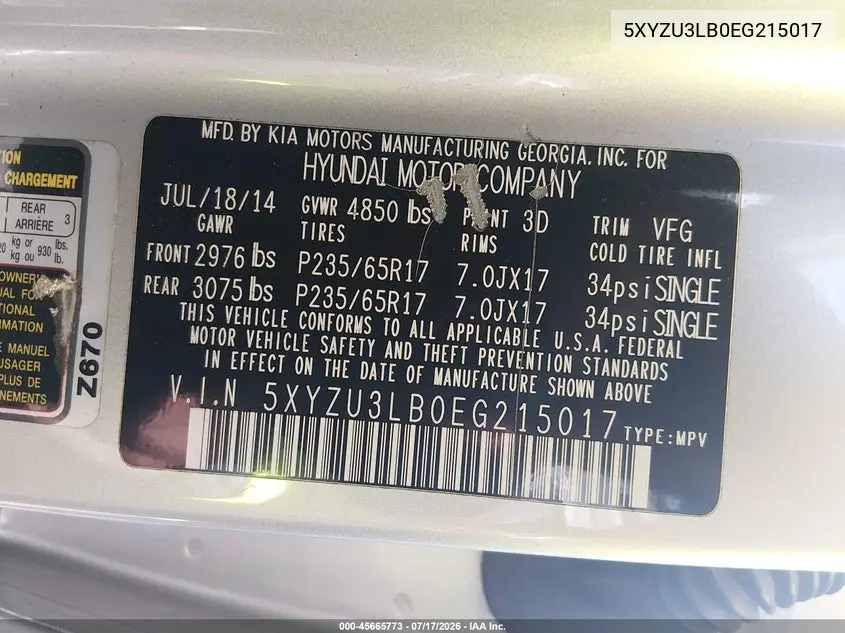 2014 Hyundai Santa Fe Sport 2.4L VIN: 5XYZU3LB0EG215017 Lot: 45665773