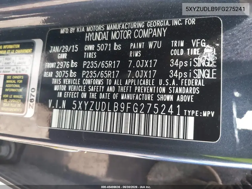 2015 Hyundai Santa Fe Sport 2.4L VIN: 5XYZUDLB9FG275241 Lot: 45486636