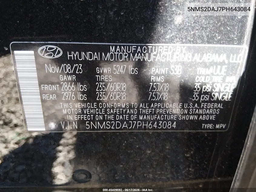 2023 Hyundai Santa Fe Sel VIN: 5NMS2DAJ7PH643084 Lot: 45409592
