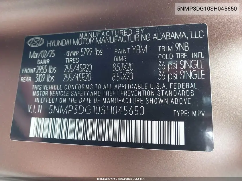2025 Hyundai Santa Fe Hybrid Limited VIN: 5NMP3DG10SH045650 Lot: 45427771