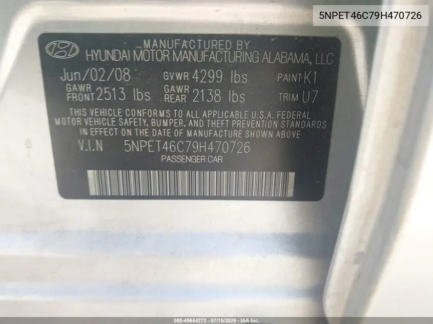 2009 Hyundai Sonata Gls VIN: 5NPET46C79H470726 Lot: 45644272