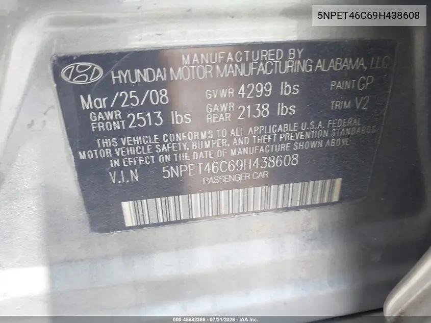 2009 Hyundai Sonata Gls VIN: 5NPET46C69H438608 Lot: 45682386
