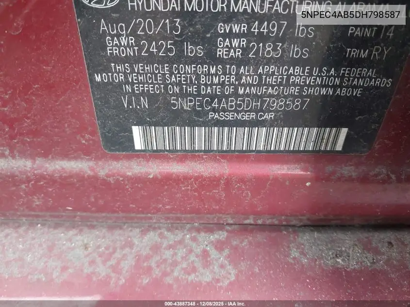 5NPEC4AB5DH798587 2013 Hyundai Sonata Se 2.0T