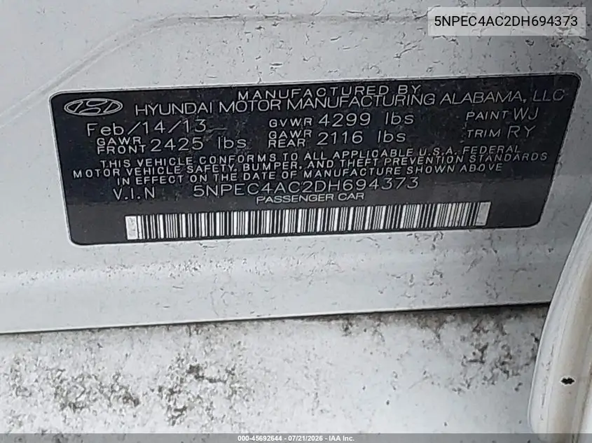 2013 Hyundai Sonata Limited VIN: 5NPEC4AC2DH694373 Lot: 45692644