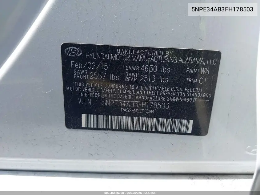 2015 Hyundai Sonata Sport 2.0T VIN: 5NPE34AB3FH178503 Lot: 45526020