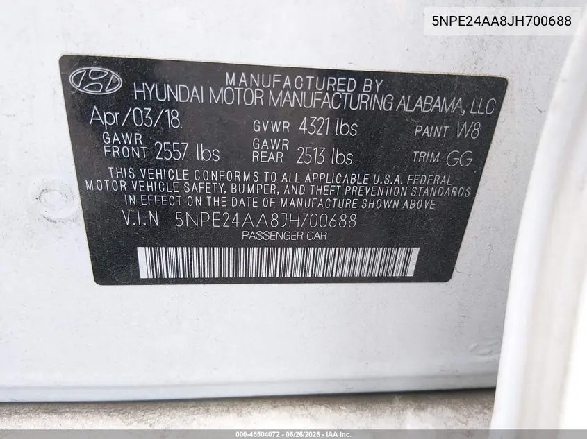 2018 Hyundai Sonata Eco VIN: 5NPE24AA8JH700688 Lot: 45504072
