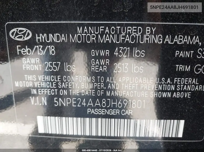 2018 Hyundai Sonata Eco VIN: 5NPE24AA8JH691801 Lot: 45614445