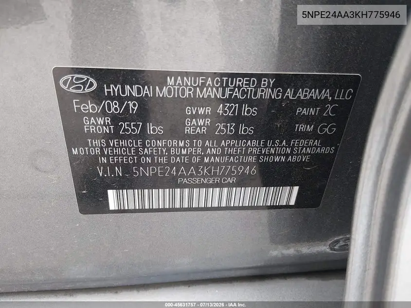2019 Hyundai Sonata Eco VIN: 5NPE24AA3KH775946 Lot: 45631757