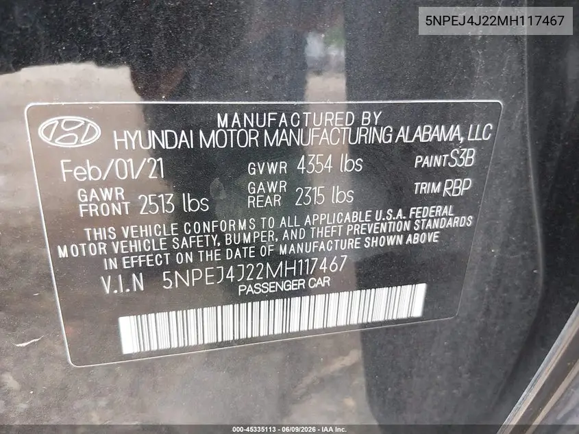 2021 Hyundai Sonata Sel Plus VIN: 5NPEJ4J22MH117467 Lot: 45335113