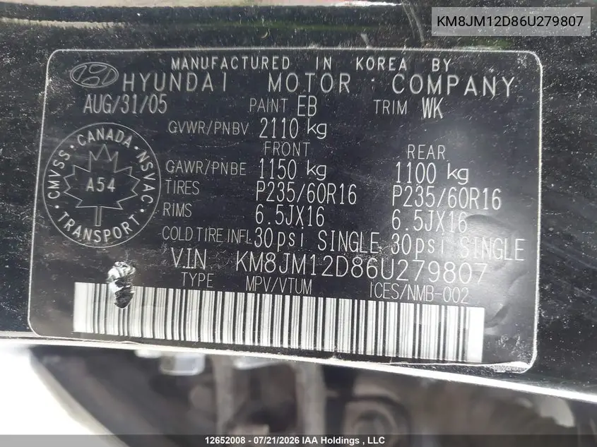 2006 Hyundai Tucson Gl V6 VIN: KM8JM12D86U279807 Lot: 12652008