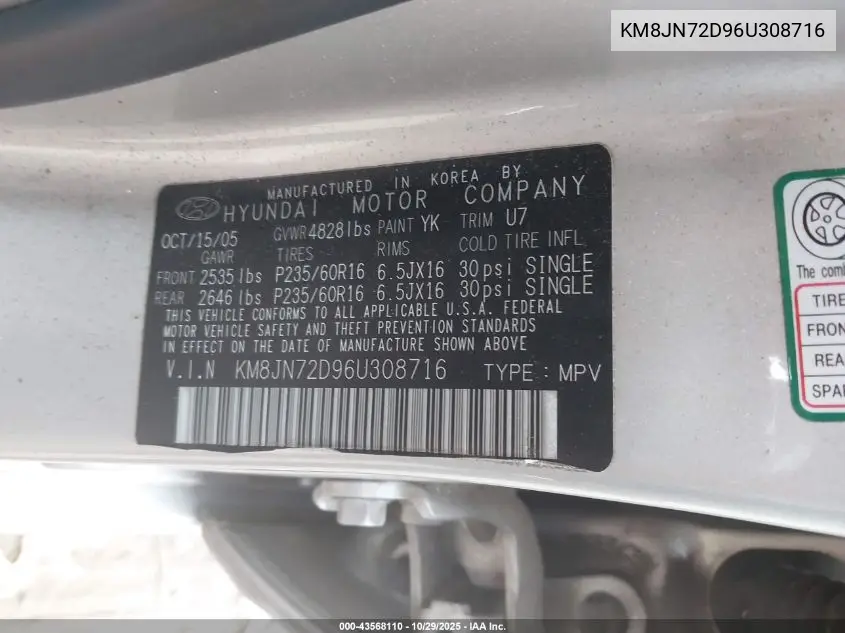 KM8JN72D96U308716 2006 Hyundai Tucson Gls/Limited