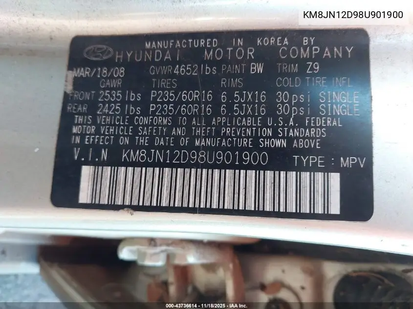 KM8JN12D98U901900 2008 Hyundai Tucson Limited V6/Se