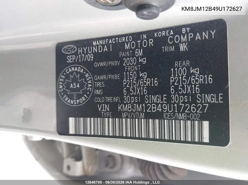 2009 Hyundai Tucson VIN: KM8JM12B49U172627 Lot: 12646785