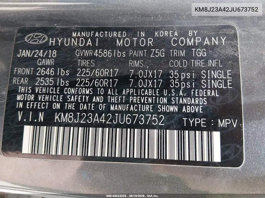 2018 Hyundai Tucson Se VIN: KM8J23A42JU673752 Lot: 45433255
