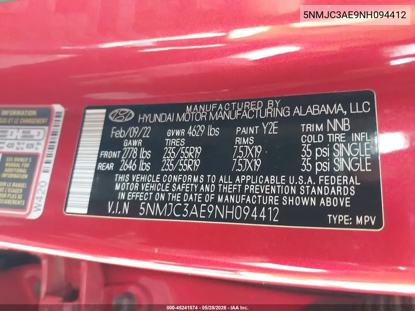 2022 Hyundai Tucson Sel VIN: 5NMJC3AE9NH094412 Lot: 45241574