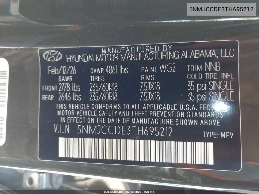 2026 Hyundai Tucson Sel Premium VIN: 5NMJCCDE3TH695212 Lot: 45495409