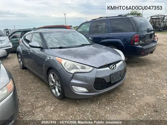 2012 Hyundai Veloster VIN: KMHTC6AD0CU047353 Lot: 20267416