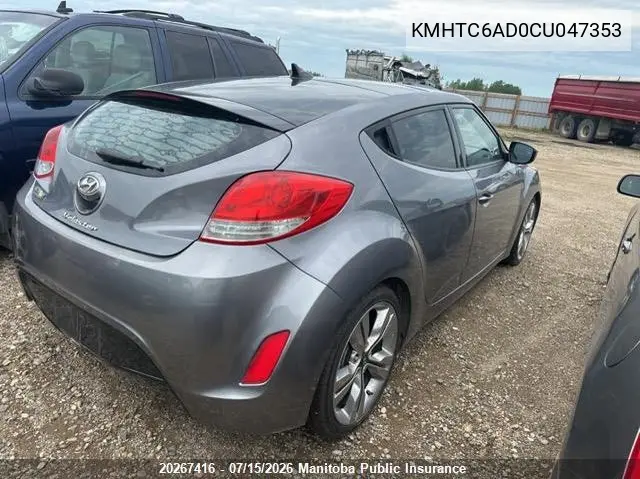 2012 Hyundai Veloster VIN: KMHTC6AD0CU047353 Lot: 20267416