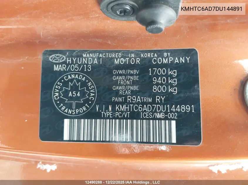 2013 Hyundai Veloster VIN: KMHTC6AD7DU144891 Lot: 12490288