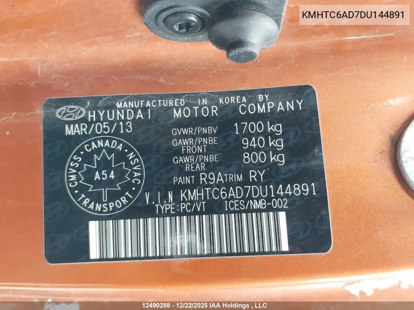 2013 Hyundai Veloster VIN: KMHTC6AD7DU144891 Lot: 12490288