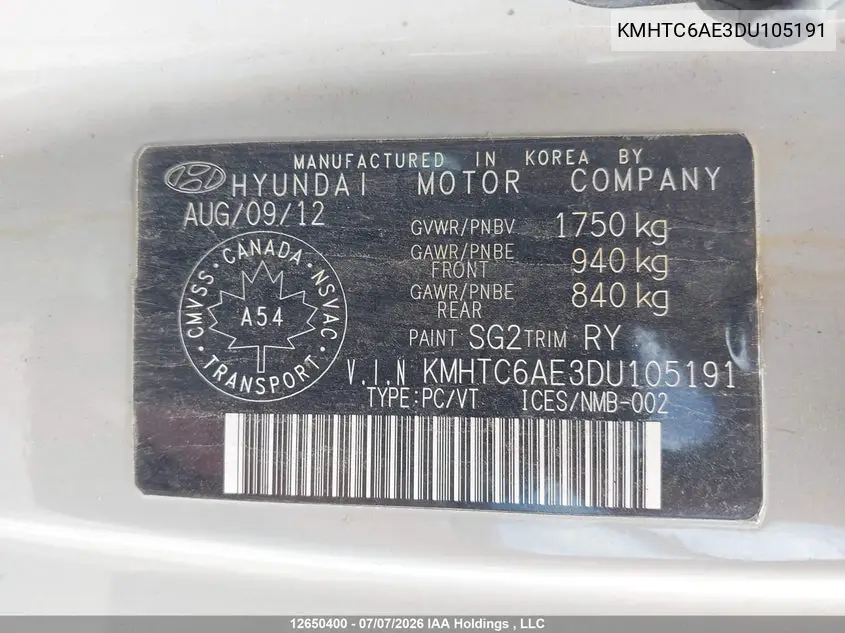 2013 Hyundai Veloster VIN: KMHTC6AE3DU105191 Lot: 12650400
