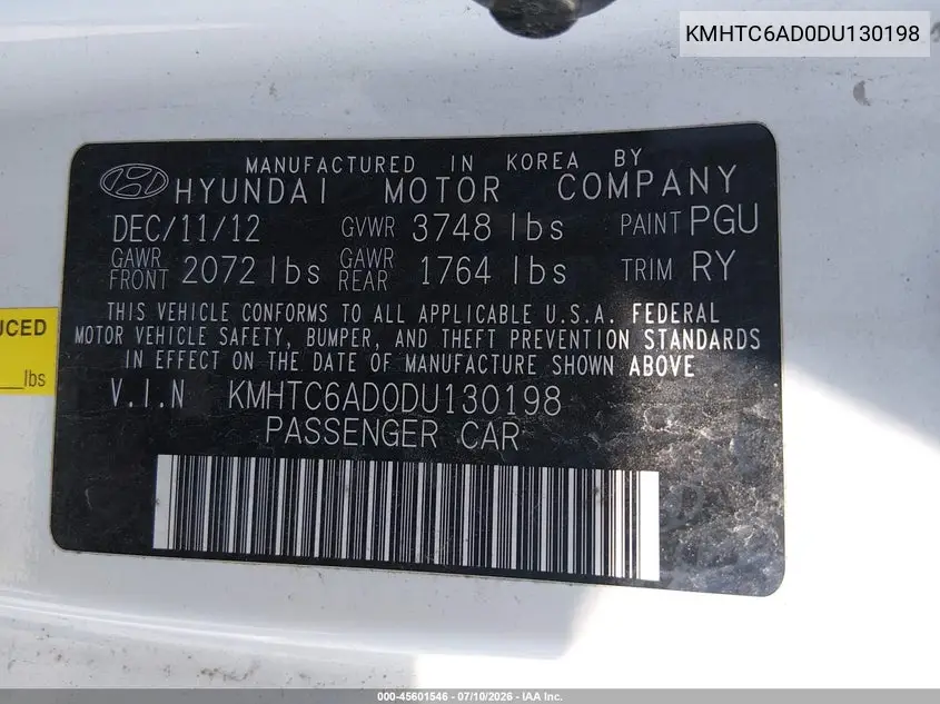 2013 Hyundai Veloster Base W/Gray VIN: KMHTC6AD0DU130198 Lot: 45601546