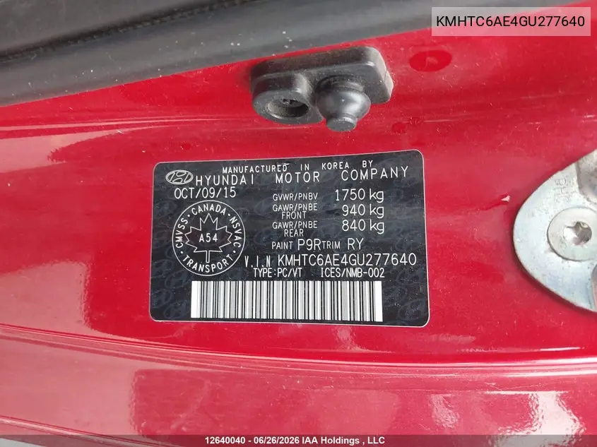 2016 Hyundai Veloster Turbo VIN: KMHTC6AE4GU277640 Lot: 12640040x