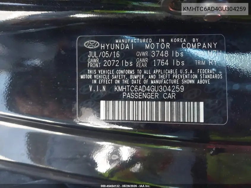 2016 Hyundai Veloster VIN: KMHTC6AD4GU304259 Lot: 45454132