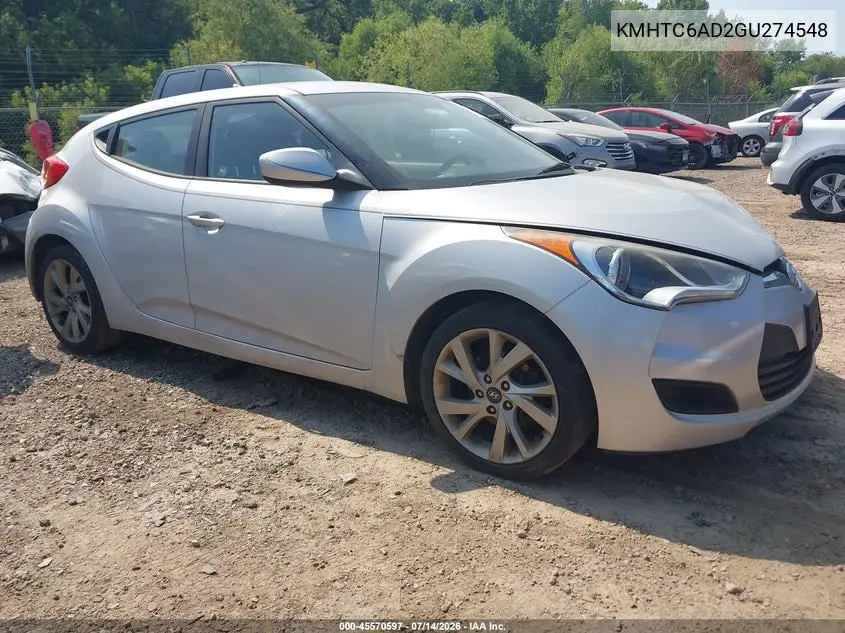 2016 Hyundai Veloster VIN: KMHTC6AD2GU274548 Lot: 45570597