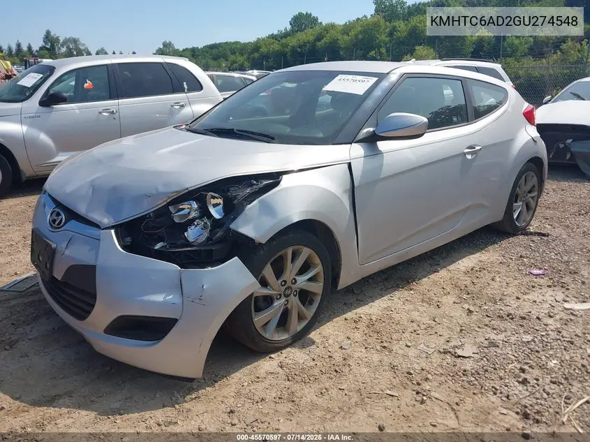 2016 Hyundai Veloster VIN: KMHTC6AD2GU274548 Lot: 45570597