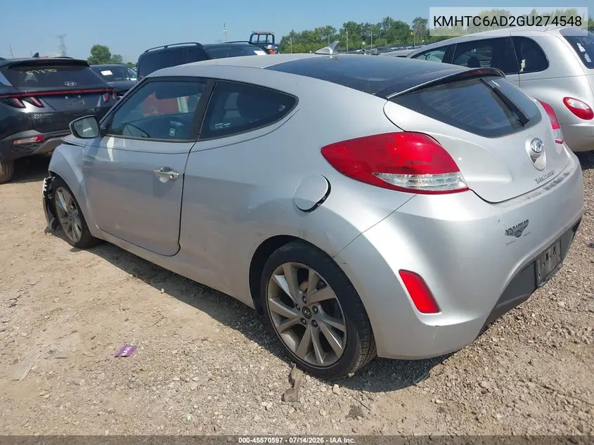2016 Hyundai Veloster VIN: KMHTC6AD2GU274548 Lot: 45570597